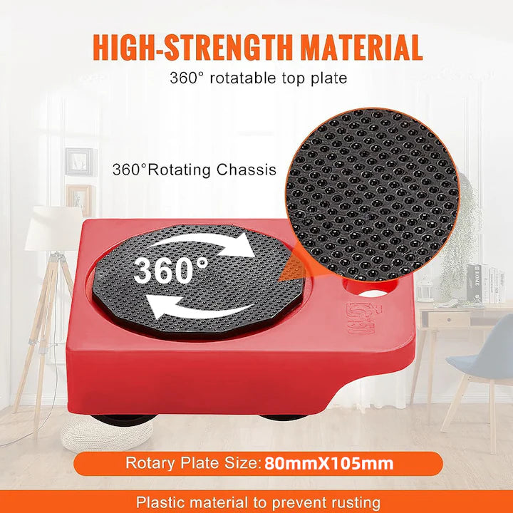 EasyMove – Set Ridicare Mobilă EM150 – Role Negre, Roșu, 150kg