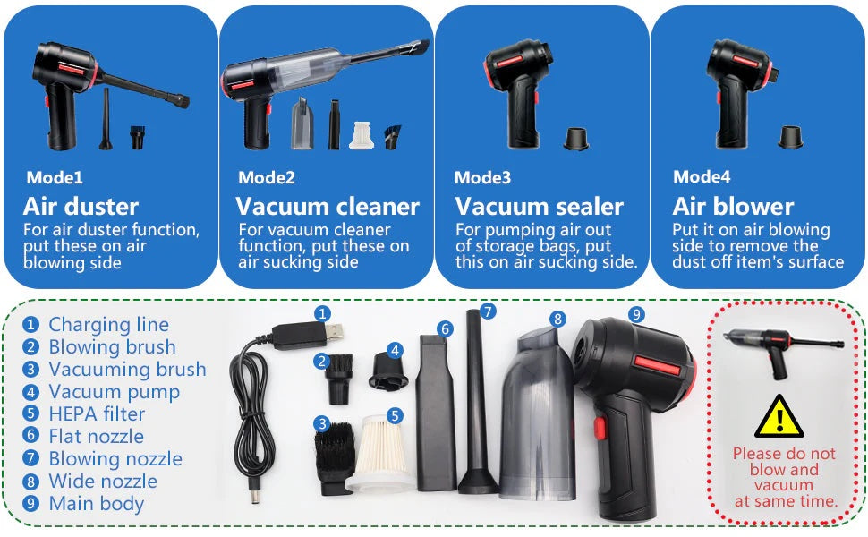 AirFlex 6in1 – Aspirator Portabil 🚗💨 cu Funcție de Suflare, Baterie Detasabilă și Reîncărcabilă 🔋, Design Compact pentru Mașină, Casă 🏠, Birou 🧑‍💻 și Îngrijirea Animalelor de Companie 🐾